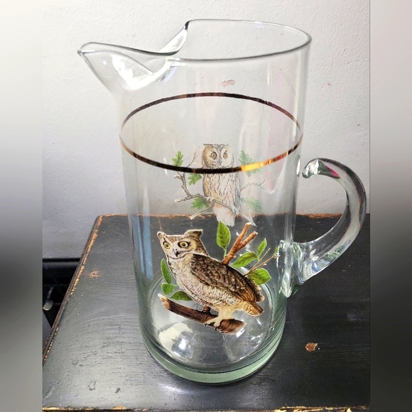 Vintage MCM Retro Owl Glass Gold Rimmed Pitcher / Bar Cart Decor - Picture 3 of 7